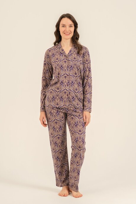 Arnetta Kadın Pamuklu Çiçek Desenli Kahverengi Gömlek Pijama Takımı AR3771-S-V1 - 3