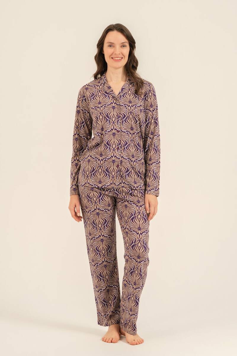 Arnetta Kadın Pamuklu Çiçek Desenli Kahverengi Gömlek Pijama Takımı AR3771-S-V1 - 3