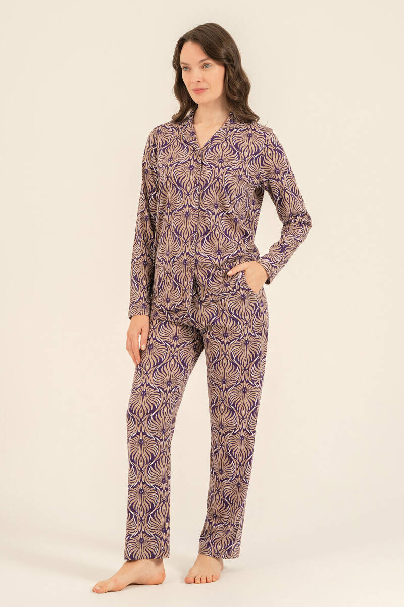 Arnetta Kadın Pamuklu Çiçek Desenli Kahverengi Gömlek Pijama Takımı AR3771-S-V1 - 2
