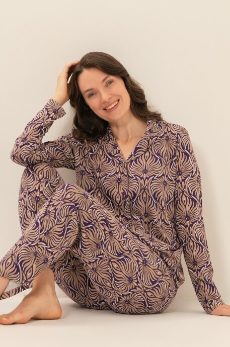 Arnetta Kadın Pamuklu Çiçek Desenli Kahverengi Gömlek Pijama Takımı AR3771-S-V1