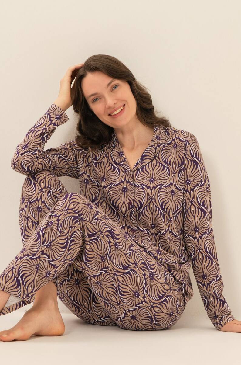 Arnetta Kadın Pamuklu Çiçek Desenli Kahverengi Gömlek Pijama Takımı AR3771-S-V1 - 1