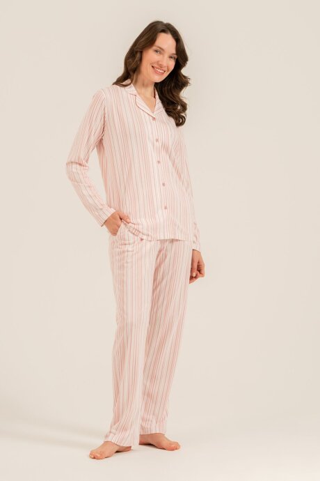 Arnetta Kadın Pamuklu Çizgili Pembe Gömlek Pijama Takımı AR3755-S-V1