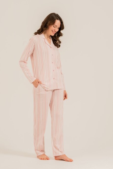 Arnetta Kadın Pamuklu Çizgili Pembe Gömlek Pijama Takımı AR3755-S-V1 (1)