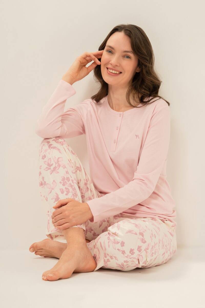 Arnetta Kadın Pamuklu Düğmeli Yaka Pembe Uzun Kol Pijama Takım AR3744-S-V1 - 2