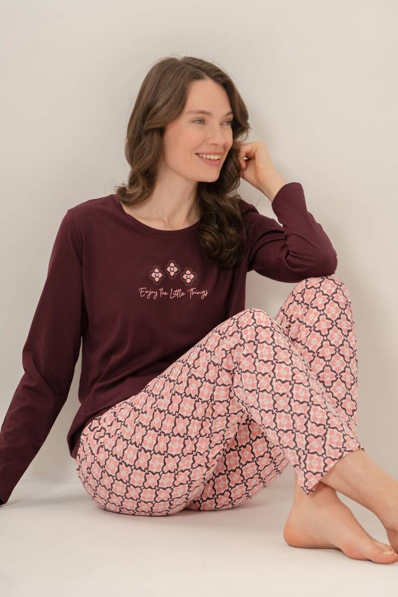 Arnetta Kadın Pamuklu Enjoy The Little Things Mor Uzun Kol Pijama Takım AR3759-S-V1 - 2