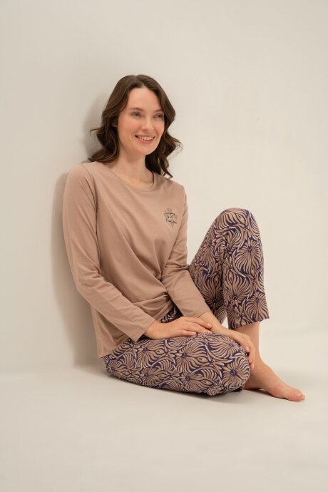 Arnetta Kadın Pamuklu Everyday Is A Fresh Start Kahverengi Uzun Kol Pijama Takım AR3769-S-V2