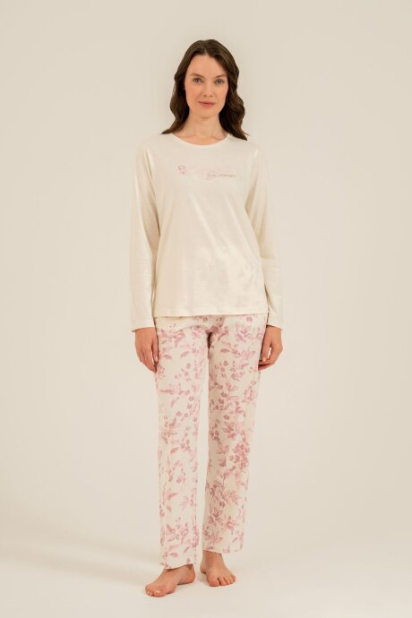 Arnetta Kadın Pamuklu Excuisite Flowers Krem Uzun Kol Pijama Takım AR3743-S-V1 - 8