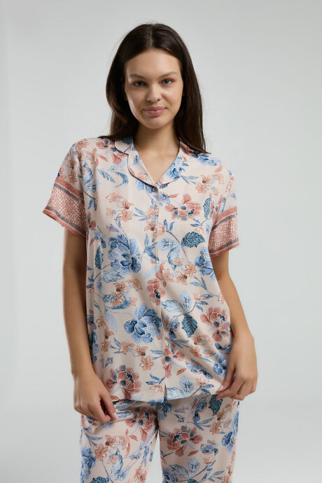 Arnetta Kadın Pamuklu Gömlek Yaka Pigment Baskılı Yazlık Regular Fit Pembe Gömlek Pijama Takım AR3201-S-V1 - 1
