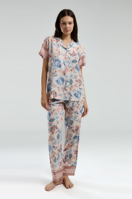 Arnetta Kadın Pamuklu Gömlek Yaka Pigment Baskılı Yazlık Regular Fit Pembe Gömlek Pijama Takım AR3201-S-V1 - 2