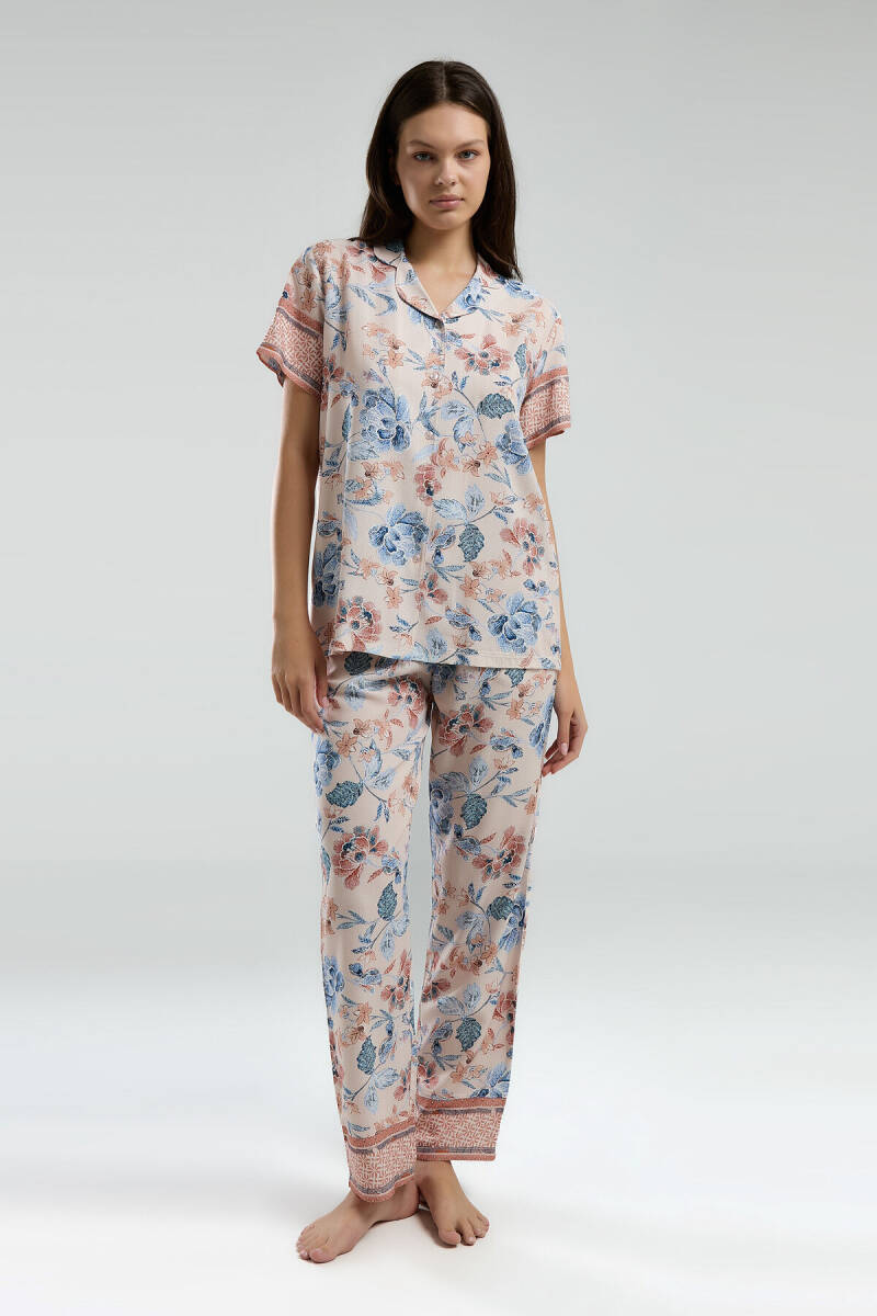 Arnetta Kadın Pamuklu Gömlek Yaka Pigment Baskılı Yazlık Regular Fit Pembe Gömlek Pijama Takım AR3201-S-V1 - 2