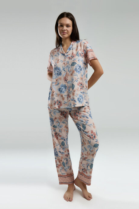 Arnetta Kadın Pamuklu Gömlek Yaka Pigment Baskılı Yazlık Regular Fit Pembe Gömlek Pijama Takım AR3201-S-V1 - 3