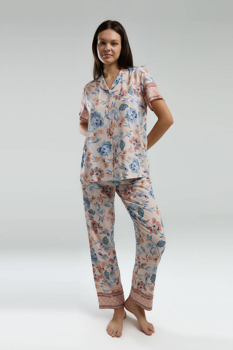 Arnetta Kadın Pamuklu Gömlek Yaka Pigment Baskılı Yazlık Regular Fit Pembe Gömlek Pijama Takım AR3201-S-V1 - 3