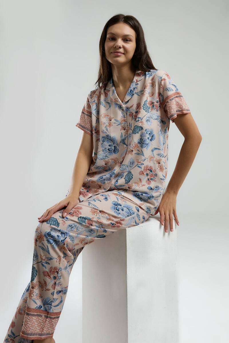 Arnetta Kadın Pamuklu Gömlek Yaka Pigment Baskılı Yazlık Regular Fit Pembe Gömlek Pijama Takım AR3201-S-V1 - 4