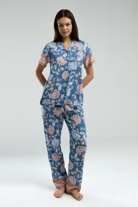 Arnetta Kadın Pamuklu Gömlek Yaka Pigment Baskılı Yazlık Regular Fit Mavi Gömlek Pijama Takım AR3201-S-V2 - 2