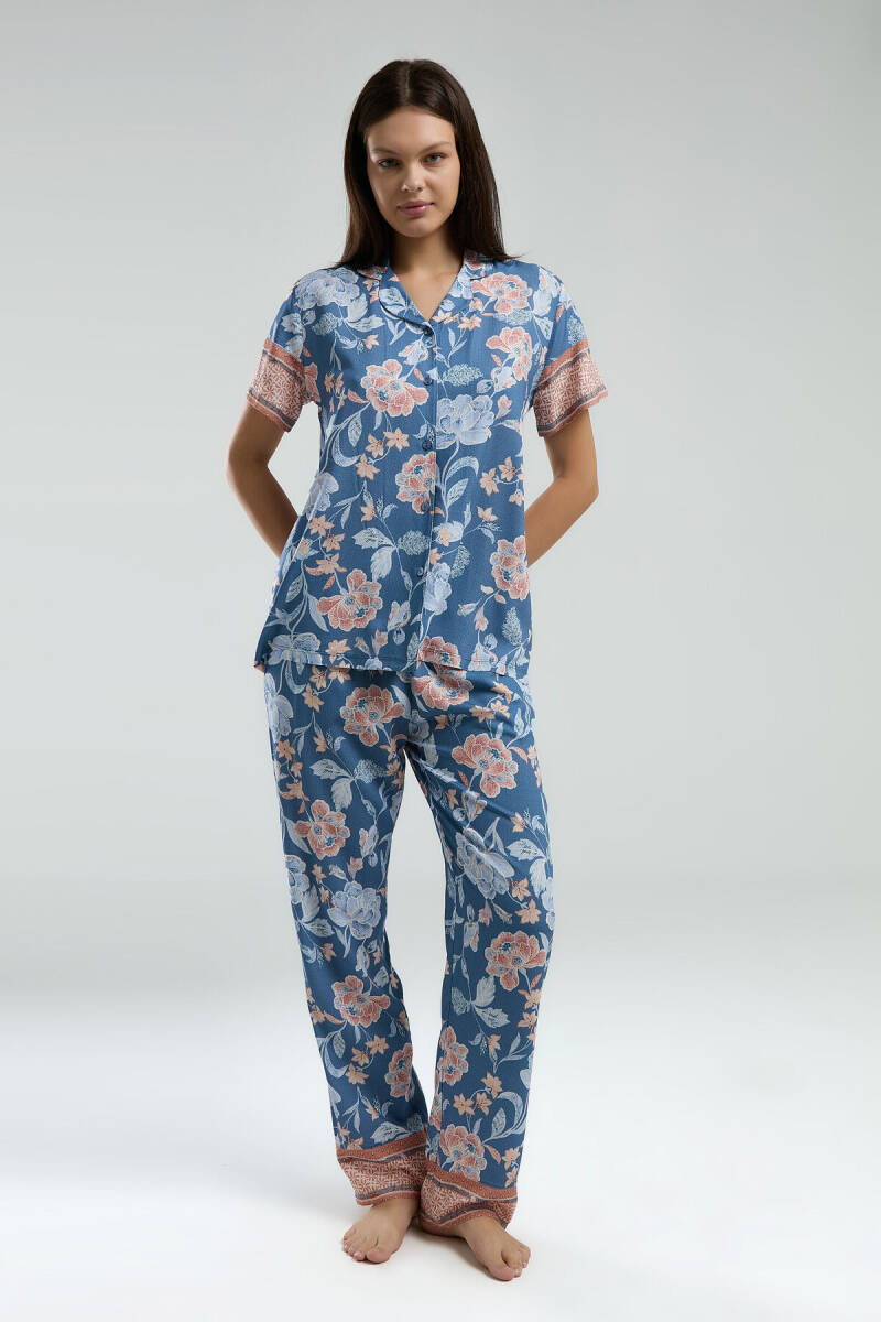 Arnetta Kadın Pamuklu Gömlek Yaka Pigment Baskılı Yazlık Regular Fit Mavi Gömlek Pijama Takım AR3201-S-V2 - 2