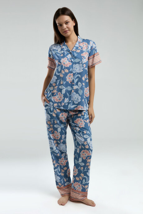 Arnetta Kadın Pamuklu Gömlek Yaka Pigment Baskılı Yazlık Regular Fit Mavi Gömlek Pijama Takım AR3201-S-V2 - 3