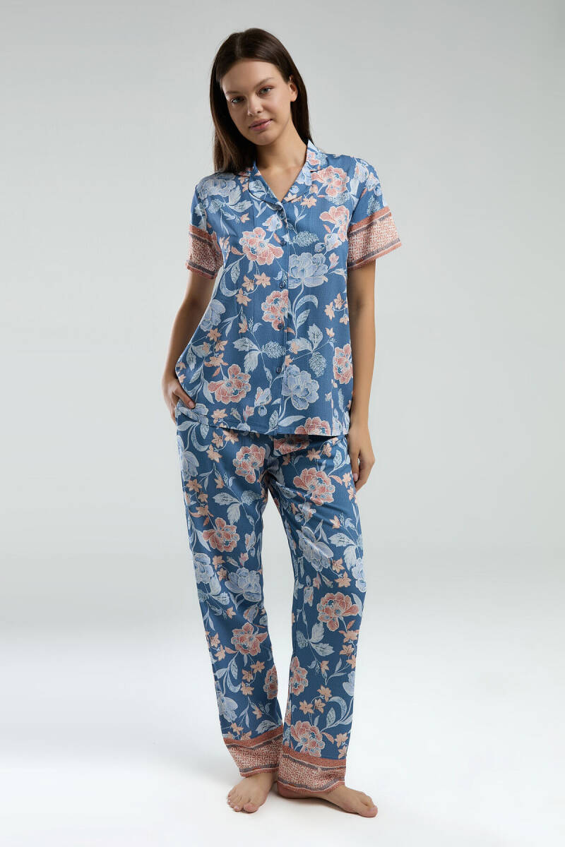 Arnetta Kadın Pamuklu Gömlek Yaka Pigment Baskılı Yazlık Regular Fit Mavi Gömlek Pijama Takım AR3201-S-V2 - 3