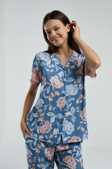 Arnetta Kadın Pamuklu Gömlek Yaka Pigment Baskılı Yazlık Regular Fit Mavi Gömlek Pijama Takım AR3201-S-V2 - 4