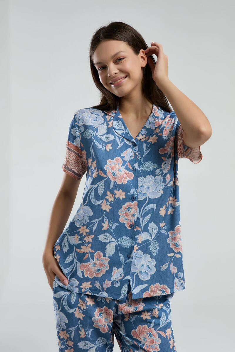 Arnetta Kadın Pamuklu Gömlek Yaka Pigment Baskılı Yazlık Regular Fit Mavi Gömlek Pijama Takım AR3201-S-V2 - 4