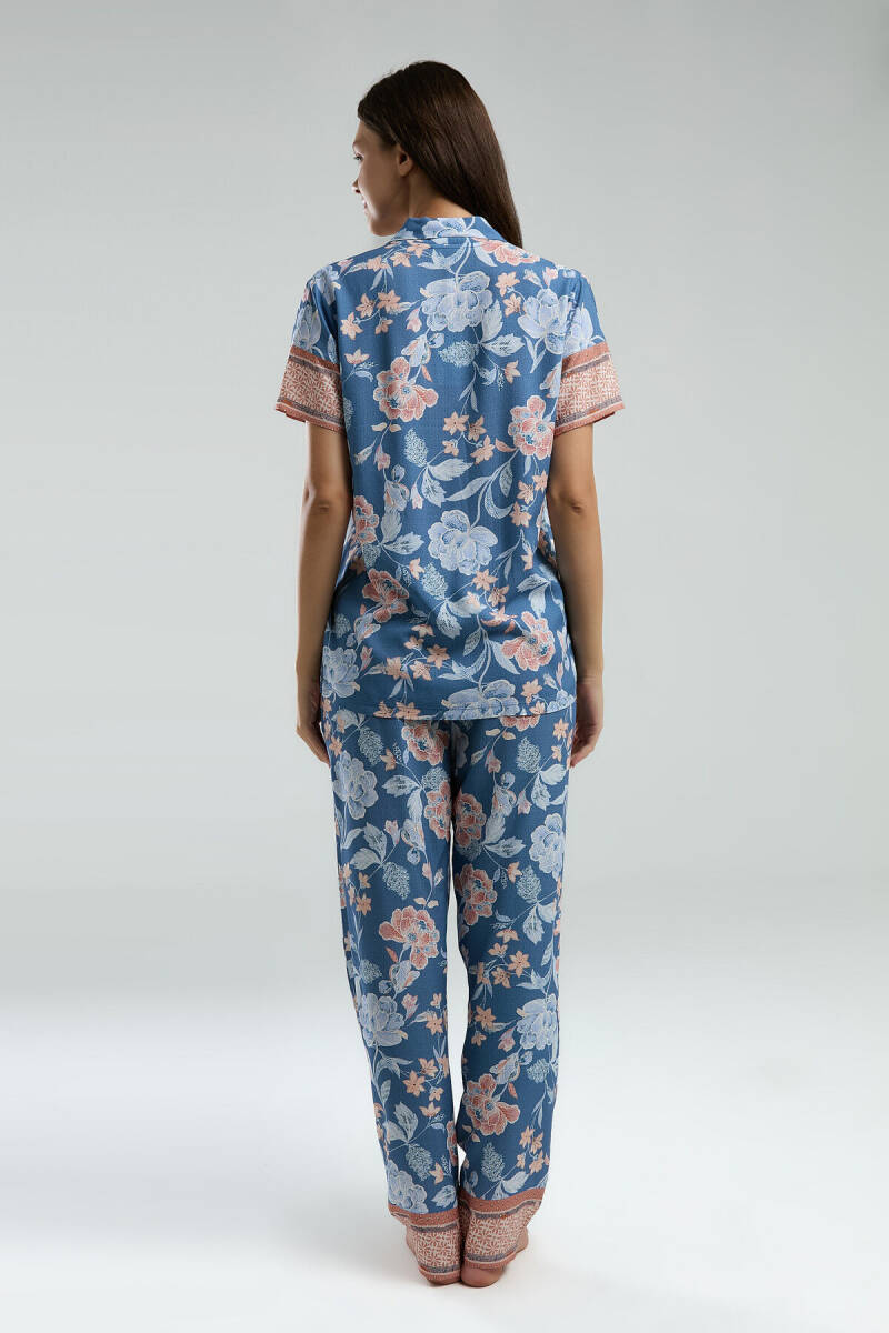 Arnetta Kadın Pamuklu Gömlek Yaka Pigment Baskılı Yazlık Regular Fit Mavi Gömlek Pijama Takım AR3201-S-V2 - 5