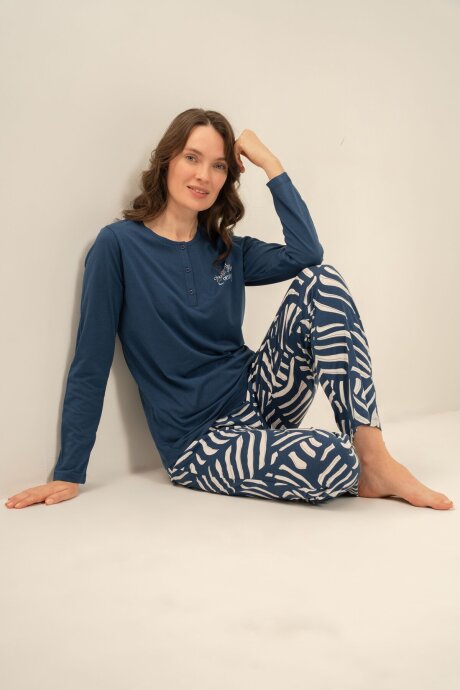 Arnetta Kadın Pamuklu Good Things Are Coming Lacivert Uzun Kol Pijama Takım AR3765-S-V1 - 8