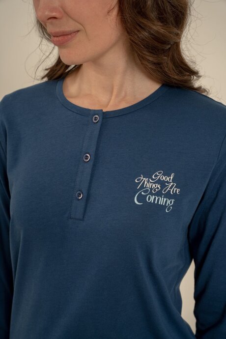 Arnetta Kadın Pamuklu Good Things Are Coming Lacivert Uzun Kol Pijama Takım AR3765-S-V1 - 5