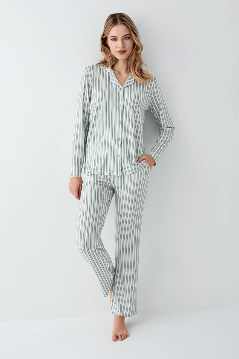 Arnetta Kadın Pamuklu Gömlek Yaka Pigment Baskılı Kışlık Regular Fit Yeşil Gömlek Pijama Takım AR3408-S-V1 - 2