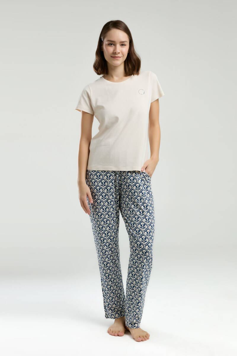 Arnetta Kadın Pamuklu Bisiklet Yaka Pigment Baskılı Yazlık Regular Fit Bej Pijama Takımı AR3212-S-V2 - 2