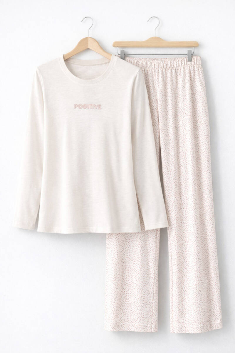 Arnetta Kadın Pamuklu Bisiklet Yaka Pigment Baskılı Kışlık Regular Fit Beyaz Pijama Takımı AR3417-S-V2 - 5