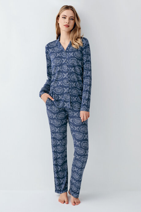 Arnetta Kadın Pamuklu Kışlık Regular Fit Mavi Gömlek Pijama Takım AR3402-S-V1