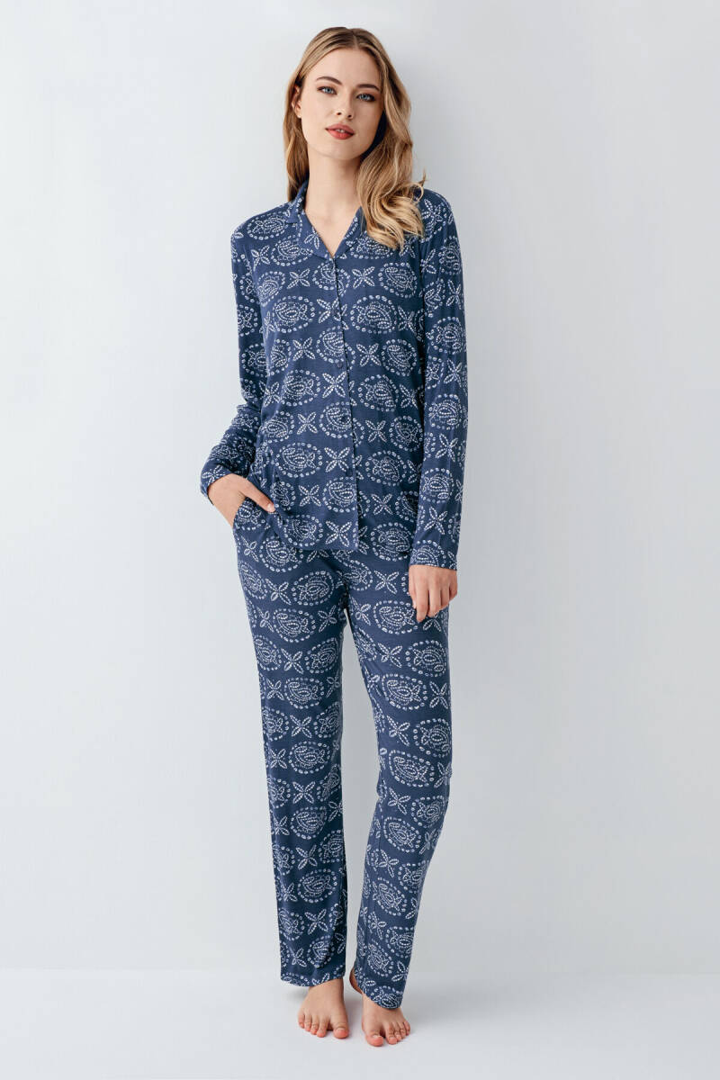 Arnetta Kadın Pamuklu Kışlık Regular Fit Mavi Gömlek Pijama Takım AR3402-S-V1 - 1