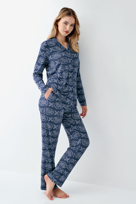 Arnetta Kadın Pamuklu Kışlık Regular Fit Mavi Gömlek Pijama Takım AR3402-S-V1 (1)