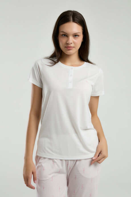 Arnetta Kadın Hakim Yaka Pigment Baskılı Yazlık Regular Fit Krem Pijama Takımı AR3254-S-V1 - 1