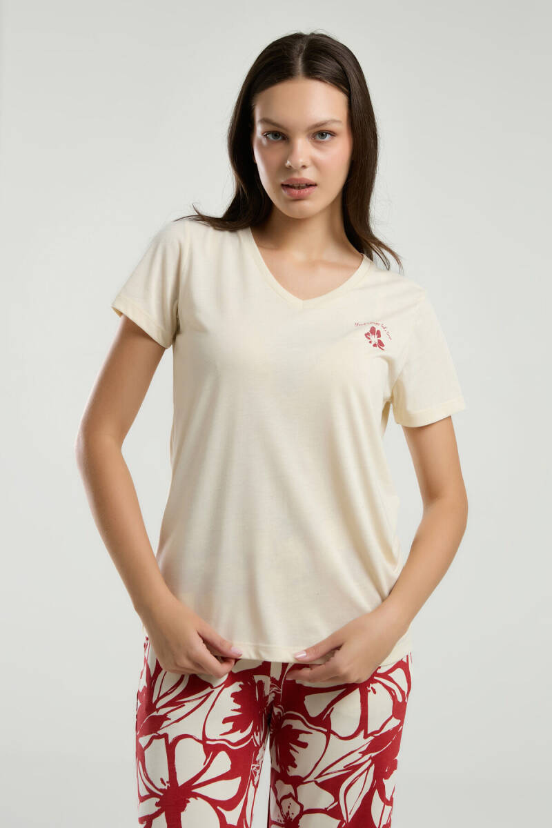 Arnetta Kadın Pamuklu V Yaka Pigment Baskılı Yazlık Regular Fit Krem Pijama Takımı AR3263-S-V1 - 2