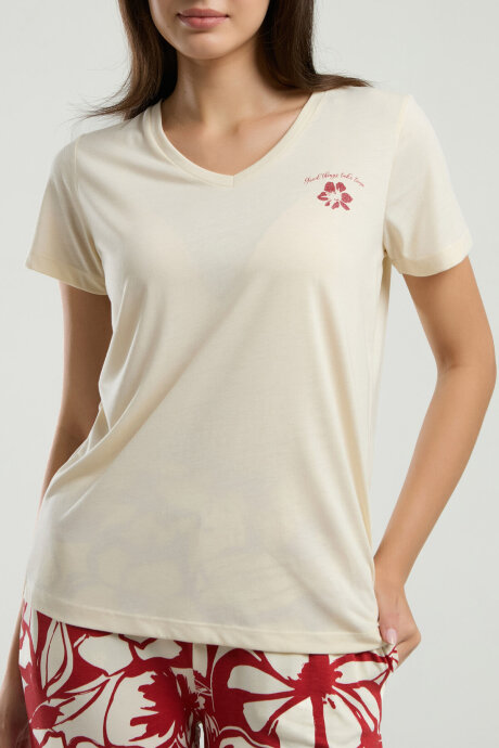 Arnetta Kadın Pamuklu V Yaka Pigment Baskılı Yazlık Regular Fit Krem Pijama Takımı AR3263-S-V1 - 3