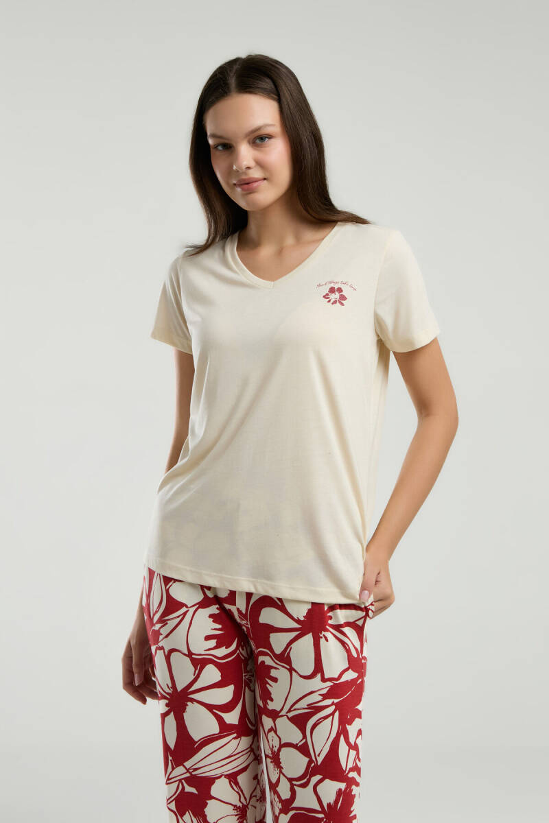 Arnetta Kadın Pamuklu V Yaka Pigment Baskılı Yazlık Regular Fit Krem Pijama Takımı AR3263-S-V1 - 4