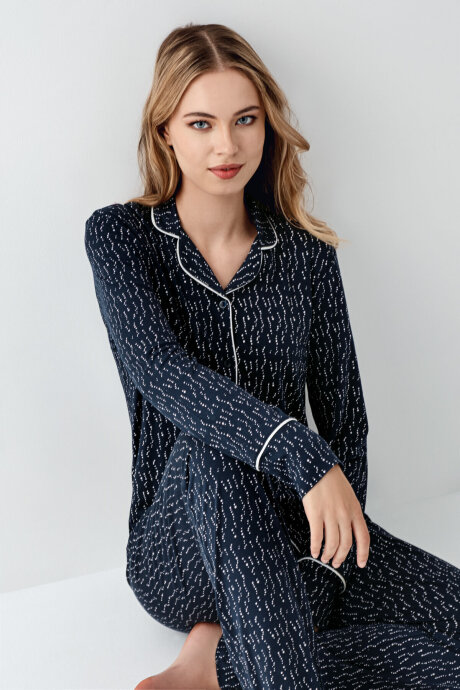 Arnetta Kadın Pamuklu Kışlık Regular Fit Lacivert Gömlek Pijama Takım AR3430-S-V1