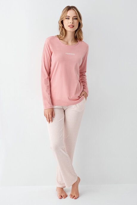 Arnetta Kadın Pamuklu Bisiklet Yaka Pigment Baskılı Kışlık Regular Fit Pembe Pijama Takımı AR3417-S-V1 - 2