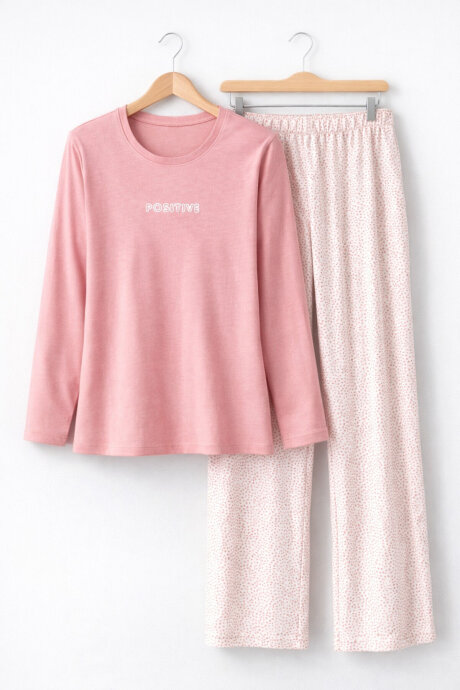 Arnetta Kadın Pamuklu Bisiklet Yaka Pigment Baskılı Kışlık Regular Fit Pembe Pijama Takımı AR3417-S-V1 - 5
