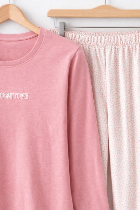 Arnetta Kadın Pamuklu Bisiklet Yaka Pigment Baskılı Kışlık Regular Fit Pembe Pijama Takımı AR3417-S-V1 - 7