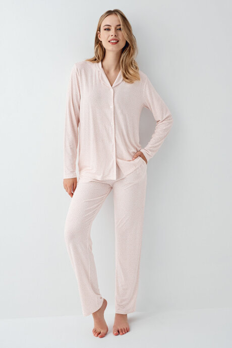 Arnetta Kadın Pamuklu Gömlek Yaka Pigment Baskılı Kışlık Regular Fit Pembe Gömlek Pijama Takım AR3418-S-V1