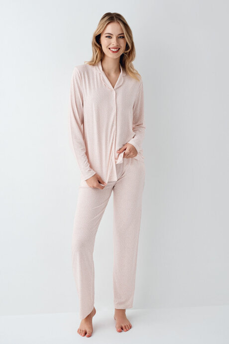 Arnetta Kadın Pamuklu Gömlek Yaka Pigment Baskılı Kışlık Regular Fit Pembe Gömlek Pijama Takım AR3418-S-V1 (1)