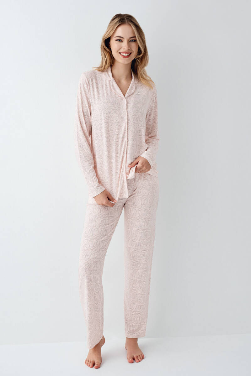 Arnetta Kadın Pamuklu Gömlek Yaka Pigment Baskılı Kışlık Regular Fit Pembe Gömlek Pijama Takım AR3418-S-V1 - 2