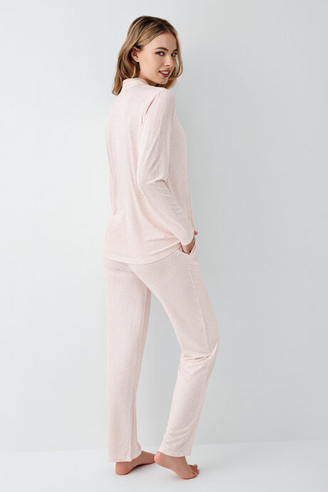 Arnetta Kadın Pamuklu Gömlek Yaka Pigment Baskılı Kışlık Regular Fit Pembe Gömlek Pijama Takım AR3418-S-V1 - 4