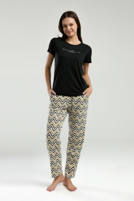 Arnetta Kadın Bisiklet Yaka Pigment Baskılı Yazlık Regular Fit Siyah Pijama Takımı AR3236-S-V2 - 2