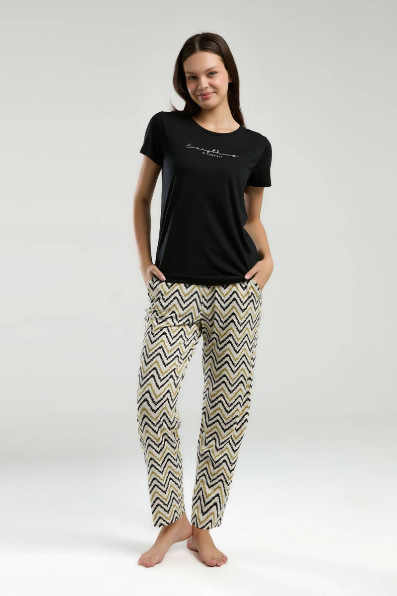 Arnetta Kadın Bisiklet Yaka Pigment Baskılı Yazlık Regular Fit Siyah Pijama Takımı AR3236-S-V2 - 2