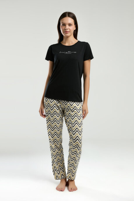 Arnetta Kadın Bisiklet Yaka Pigment Baskılı Yazlık Regular Fit Siyah Pijama Takımı AR3236-S-V2 - 3