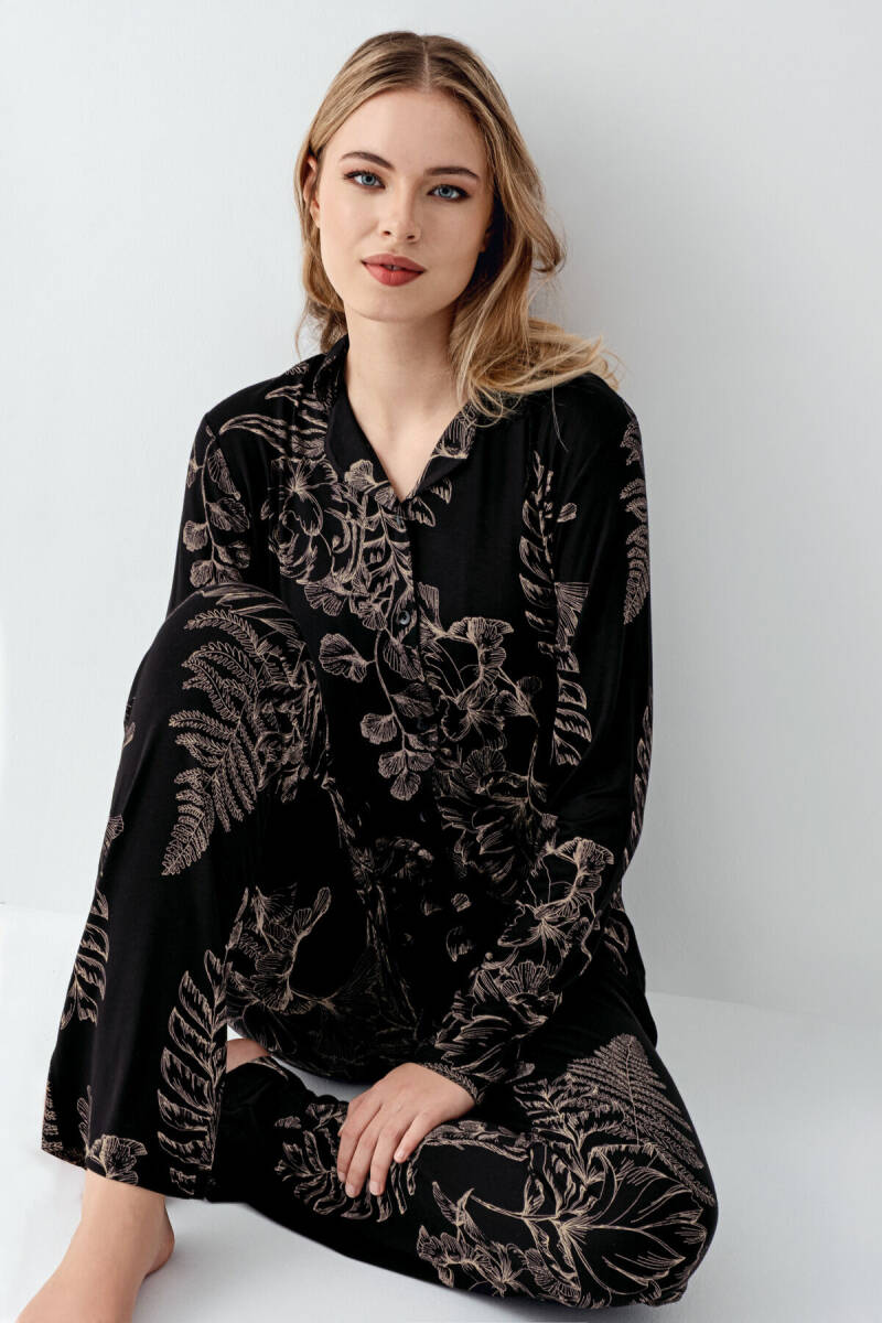 Arnetta Kadın Pamuklu Kışlık Regular Fit Siyah Gömlek Pijama Takım AR3440-S-V1 - 1