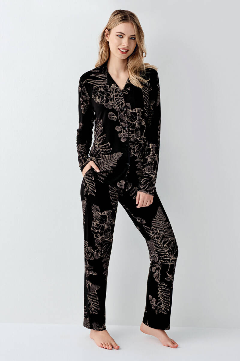 Arnetta Kadın Pamuklu Kışlık Regular Fit Siyah Gömlek Pijama Takım AR3440-S-V1 - 2