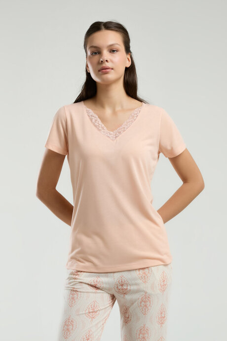 Arnetta Kadın V Yaka Pigment Baskılı Yazlık Regular Fit Turuncu Pijama Takımı AR3257-S-V2 - 1